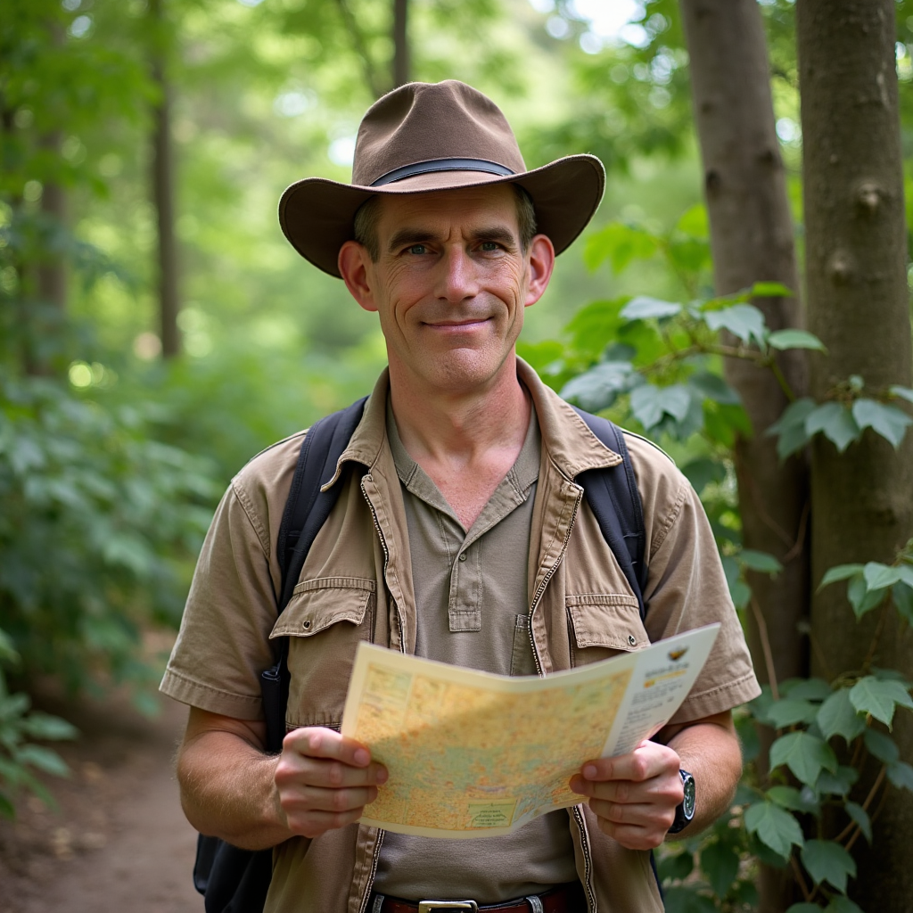 man holding a map in the jungle.